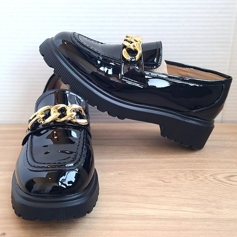 Atalina Womens Size 9W Wide Black Faux Leather Gold Chain Shoes Loafers Slip On - Picture 2 of 9